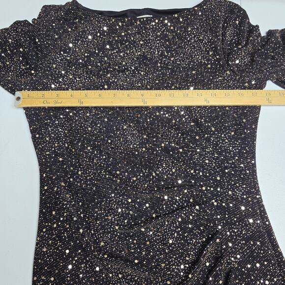 Anne Klein Dress Size 8 Black Gold Metallic Dots Ruched Cocktail Holiday Stretch - Picture 12 of 15